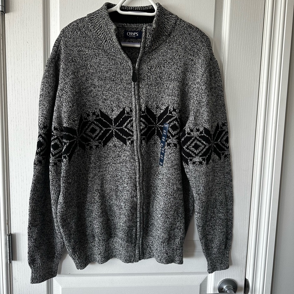 Chaps Gray and Black Zip Up Sweater Nordic Pattern